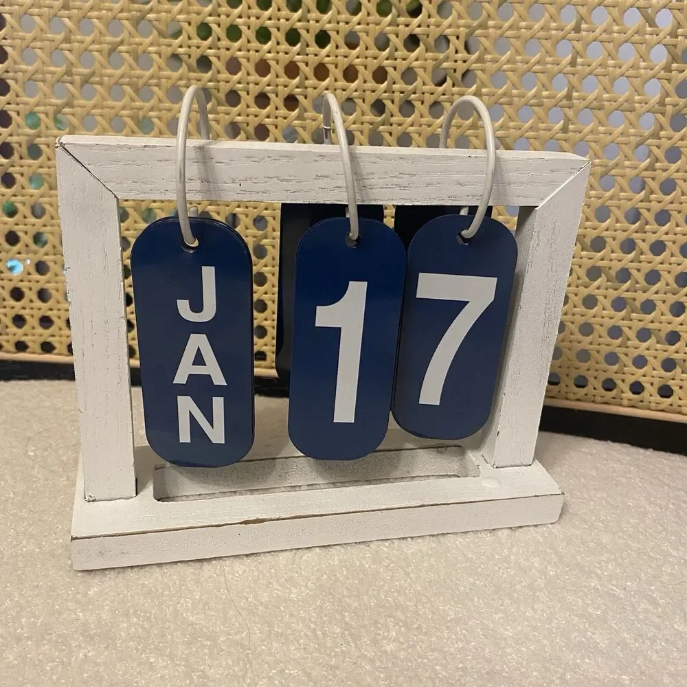 Desk Calendar/ Metal With Wooden Frame/ Navy Blue & White